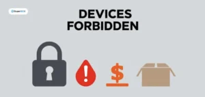 Devices Forbidden warning graphic with a lock, exclamation mark, dollar sign, and box icons, illustrating issues related to SuperBox device restrictions and penalties.