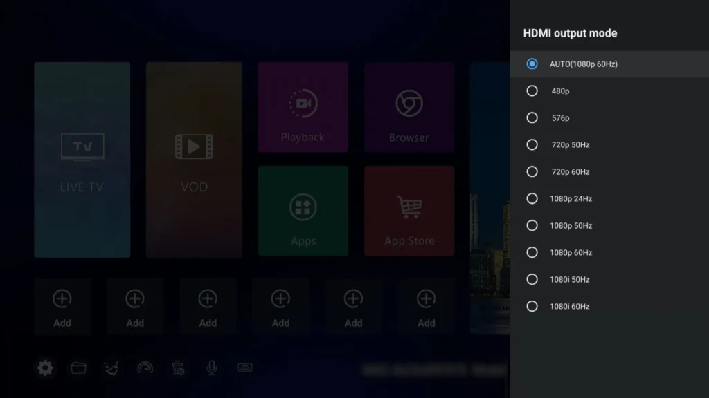 SuperBox HDMI output mode settings menu displaying options for video quality adjustments including AUTO (1080p 60Hz), 480p, 576p, 720p, and 1080p resolutions, relevant for optimizing streaming performance.