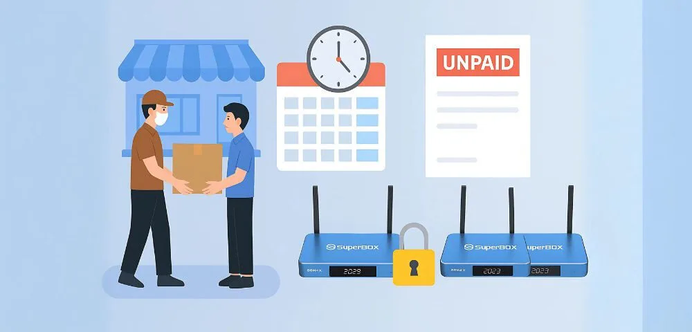 Illustration of a delivery scene with a man receiving a package, a calendar, a clock, and a document labeled "UNPAID," alongside two locked SuperBox streaming devices, representing issues related to payment disputes and device locking.