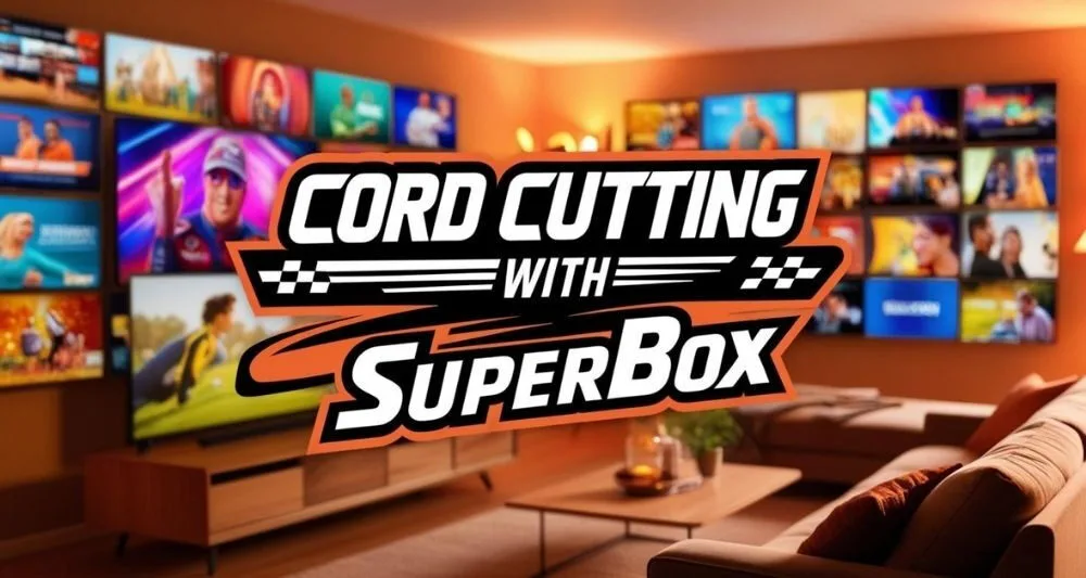 Cord Cutting with SuperBox logo overlaying a cozy living room with multiple TVs displaying various streaming content.