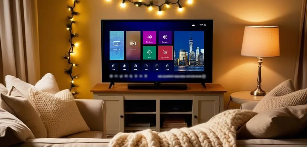 Living room scene featuring a SuperBox interface on a TV, displaying options like Live TV, VOD, and Apps, with cozy decor including a lamp and decorative lights.