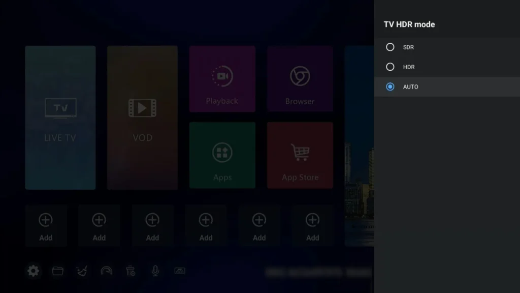 TV HDR mode settings interface showing options for SDR, HDR, and AUTO on SuperBox streaming device, highlighting the AUTO selection for optimal viewing experience.