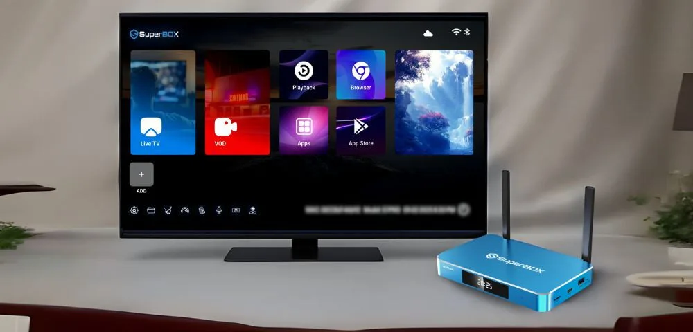 SuperBox S7 streaming device displayed next to a television showing a modern user interface with app icons for Live TV, VOD, and more, highlighting the sleek design and upgraded features compared to the S6 model.