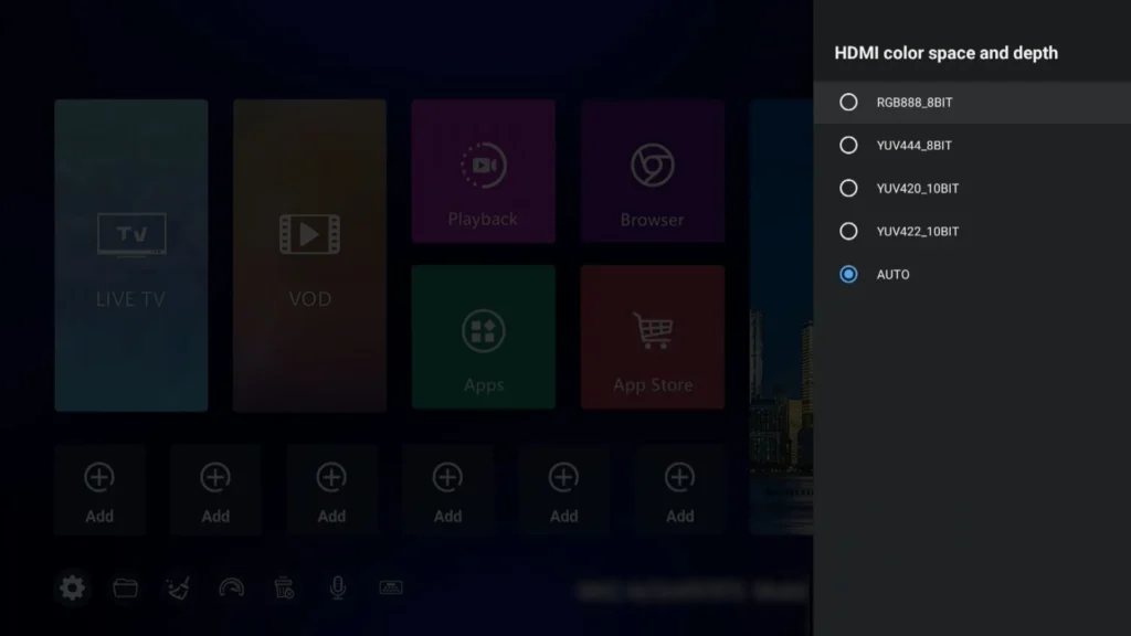SuperBox interface displaying HDMI color space and depth settings, featuring options like RGB888_8BIT, YUV444_8BIT, YUV420_10BIT, YUV422_10BIT, and selected AUTO for optimal streaming performance.