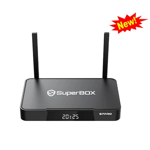 SuperBox S7 Pro streaming device with dual antennas, digital display, and "New" banner, highlighting its latest features and upgrades.